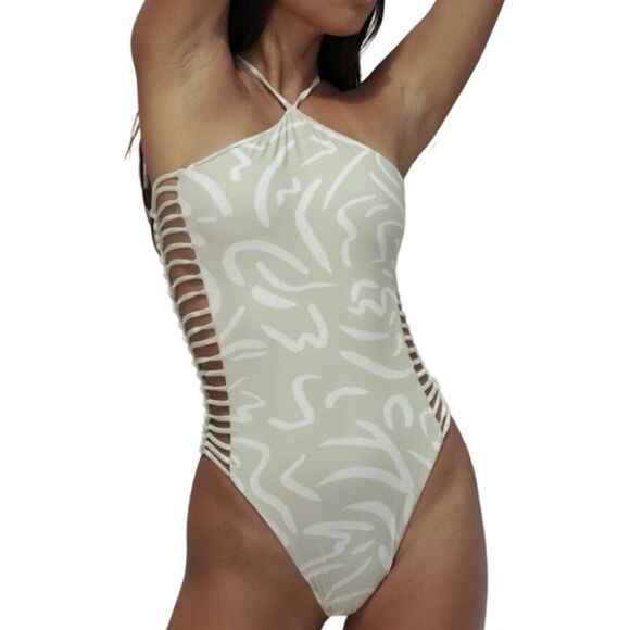Stone Fox Swim x Free People Fella One-Piece Swimsuit - Size Large - Aloe Lines - Picture 1 of 9